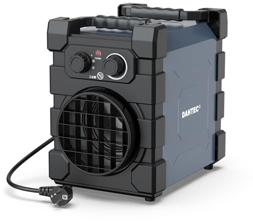 DAHTEC Professioneller Heizlüfter mit Schwerem Stahlgehäuse 2000 Watt Bauheizer Elektroheizer Bautrockner für Garage, Baustelle