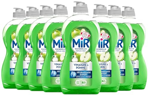 Mir Vaisselle - Vinaigre & Pomme - Dégraissage Expert - Efficace à Froid - Vinaigre Blanc - Sans Conservateurs - Sans Allergènes Parfum - Marque Préférée des Français - Lot de 8 x 450 ml