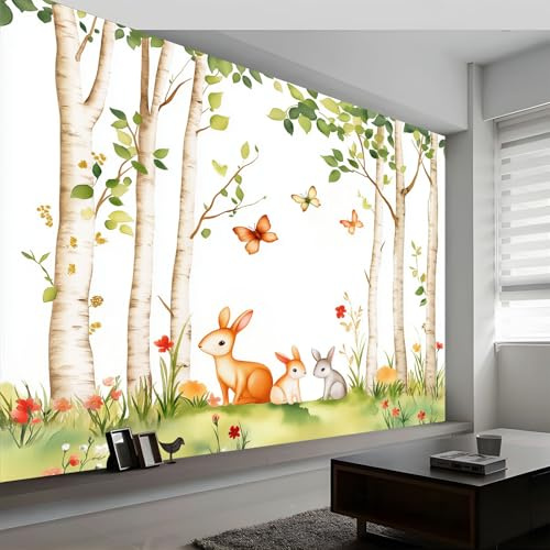 Générique Panoramique Papier Peint Forêt Aquarelle Animaux, 350 x 256 cm Blanc Géant Fresque, Intissé Poster Tapisserie, pour Chambre Salon Bureau Couloir Décoration Murale