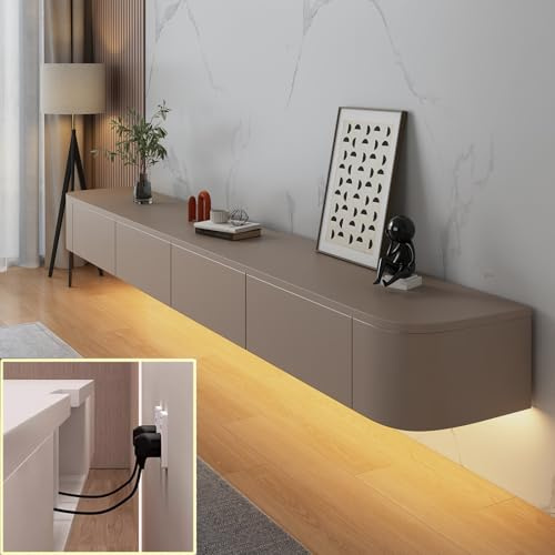 XDXINY TV Media Console Floating TV Cabinet Wall Mounted TV Cabinet Multi Large Storage TV Bench Under TV Lowboard with drawers Router Bracket (Khaki+LED, 180 * 20 * 24CM)