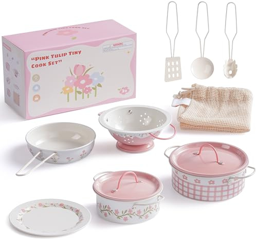 ROBOTIME Ustensiles de cuisine en fer blanc, ensemble d'ustensiles de cuisine à fleurs roses, mini accessoires de cuisine, casseroles et poêles avec un sac en filet, crème style français pour enfants