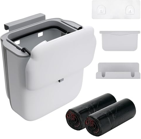 Decorniqu Hanging Kitchen Bin with Lid with Bin Bags 40 Pcs, 10L Foldable Food Waste caddy, Plastic Rubbish Compost Bins for Under Sink, Counter top, Cupboard Door, Kitchen, Camping, Cabinet, Car, Be