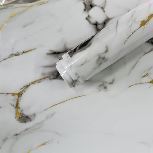 TOTIO Self-Adhesive High Gloss Adhesive Film White Gold Marble Vinyl Wrap Peel and Stick Marble sticky back plastic 16x354inch Vinyl Furniture Film for Kitchen Worktops Furniture Living Room