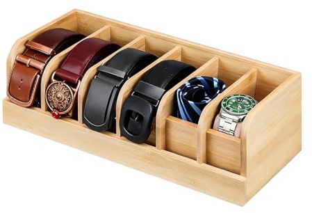 Buwico Holzgurt Organizer, 6 Grids Gürtel Aufbewahrung Box, Bambus Gürtel Display Case und Halter für Schrank Schublade Organisation, Mehrfach Schmuck Uhr Aufbewahrung (natürliche Holzfarbe)