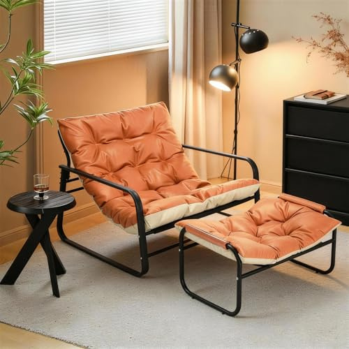 HomeMiYN Sessel mit Hocker Wohnzimmer Gartenliege mit Wendekissen Garten Liegestuhl Balkon möbel aus Stahl gepolsterter Stuhl für 2 Personen Gartensessel Outdoor Balkon Garten Terrasse (Orange+Beige)