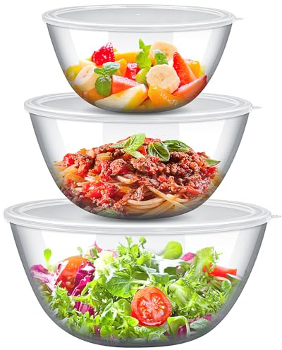 JTKDG 3 Pcs Glass Mixing Bowls with Lids, High Borosilicate Kitchen Nesting Bowl Large Salad Bowl Set for Food Storage Cooking Baking Prepping, Microwave and Dishwasher Oven Safe (1 QT, 2.7QT, 4.5QT)