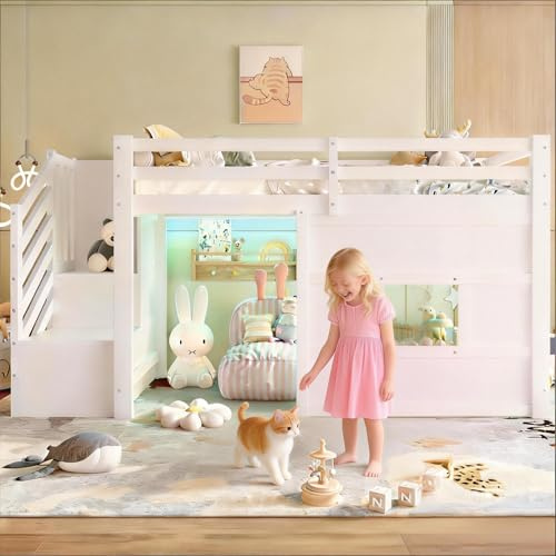 LANTRO JS Hochbett 90x200, Kinderbett mit Stauraum Treppe und Fenster, Kinderhochbett mit LED-Beleuchtung, Stabiles Holzgestell, Verspieltes Design, Weiß