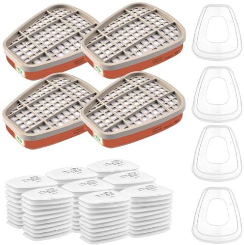 6001 Filtro per Respiratore Set, Filtri cotone Replacement per Protezione del Viso, con 80 Filtro in Cotone, 4 Filtri e 4 Tappo, per Antipolvere e Protezione Verniciatura Riutilizzabile(88)