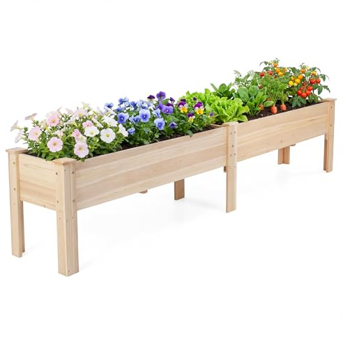 COSTWAY Jardinière avec 2 Zones de Culture, Bac à Fleur Surélevé en Bois de Sapin Plateaux Amovibles Séparation Trou de Drainage, pour Plante Légume Fleur, 240 x 43,5 x 51,5 CM, Naturel