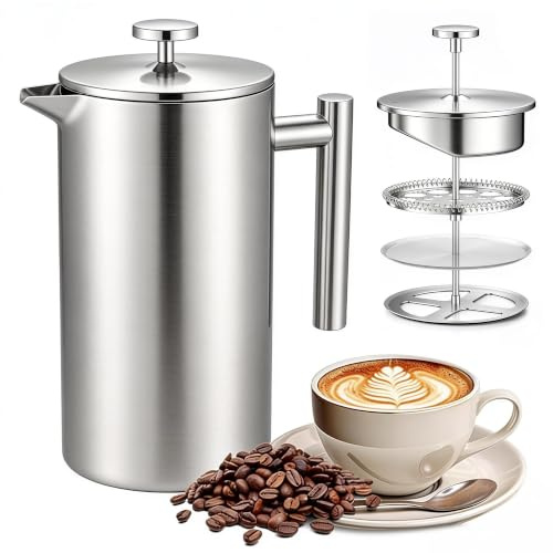 Crystals French Press Stainless Steel Coffee Maker 600ml | Double Wall Insulated, Cafetiere, Coffee Tea Filter Press