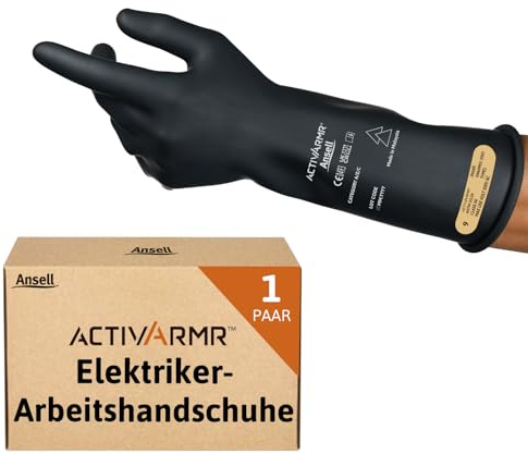 Ansell ActivArmr Elektriker-Schutzhandschuhe, Elektroschutz Klass 00 (500V), Elektrisch Isolierende Gummihandschuhe, Professionelle Arbeitshandschuhe 36cm, Schwarz, Größe M (1 Paar)