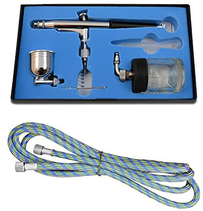 Aerógrafo de pistola para compresor aerografía de doble acción 134d 0,3 Boquilla y aguja + flies Taza 7 cc + 22 cc, cristal, incluye manguera para aire comprimido, universal de pistola, ideal para conocer diferentes técnicas