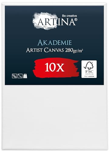 Artina Keilrahmen FSC® 10er Set Leinwand 100% Baumwolle Maltuch für Acryl | 50x70cm aus 100% Baumwolle Keilrahmenset zum Bemalen Leinwände Acryl- Aquarell- Ölfarbe bespannt groß Akademie