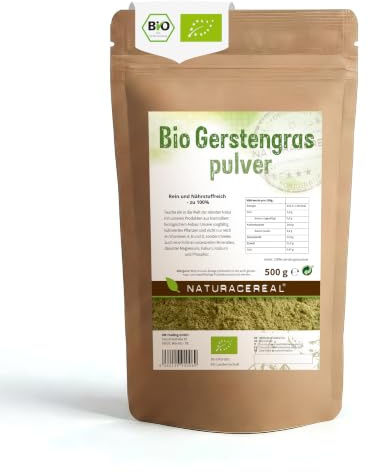 Naturacereal Bio Gerstengraspulver 500g - Aus deutschem Anbau in Rohkostqualität - Laborgeprüft & fein gemahlen - Reich an Chlorophyll - Veganes Superfood Pulver für Smoothies & Säfte glutenfrei