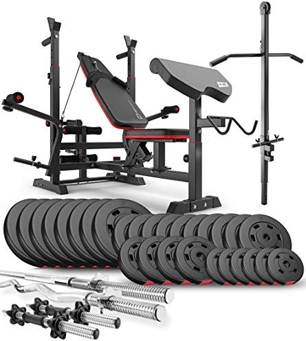 Hop-Sport Hantelbank Kraftstation HS-1075 mit Lang-, Curl- & Kurzhantel Gewichte 75kg bis 173kg + Latzug (165kg)