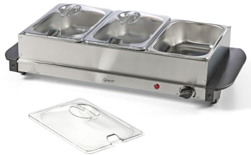 Quest 16520 Compact Buffet Server and Warming Tray / 3 x 1.2L Trays / 200W / Rapid Heating/Adjustable Thermostat/Lids Included, Silver