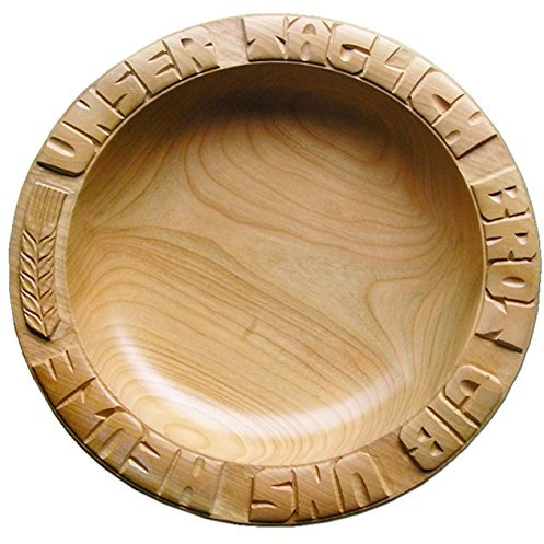CleanPrince Brotteller Ahorn handgeschnitzt ca. 26 cm, eingeschnitzt, Höhe 4-4,5 cm, Holz Kirsche, Lebensmittelecht, Unser tägliches Brot gib uns Heute, Holzteller, Holzschale