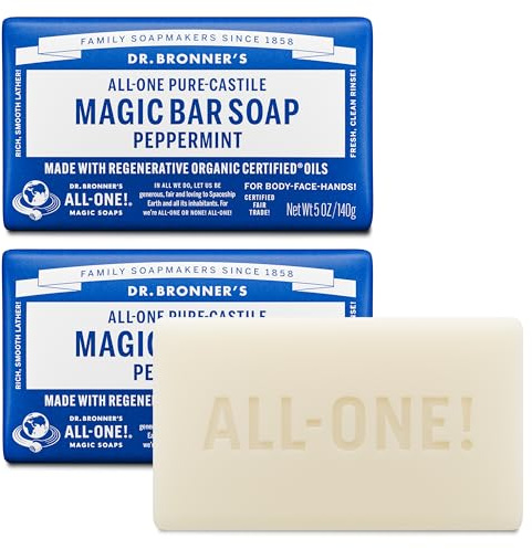 Dr. Bronner's Pure-Castile Magic Bar Soaps (Peppermint, 5oz, 2-Pack) – Made with Regenerative Organic Certified Oils, Soap Bars for Men & Women, Gentle for Face & Body, Vegan, Non-GMO