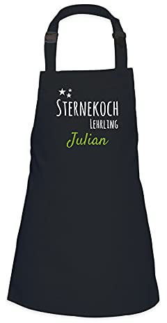 Wolimbo Kinder-Kochschürze - personalisierte Koch-Schürze mit Name - verstellbares Nackenband - individuelle Back-Schürze mit Wunsch Motiv/Name - schwarz