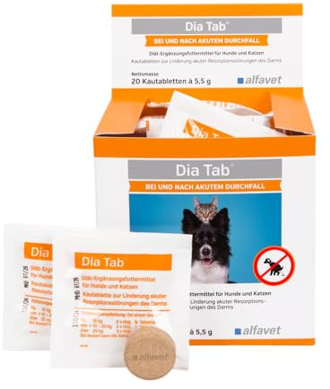 alfavet Dia Tab 20 x 5,5 g – Diät-Ergänzungsfuttermittel für Hunde & Katzen – Mit pflanzlichen Inhaltsstoffen zur Regulierung der Verdauung & Darmflora – Kautabletten mit Präbiotika