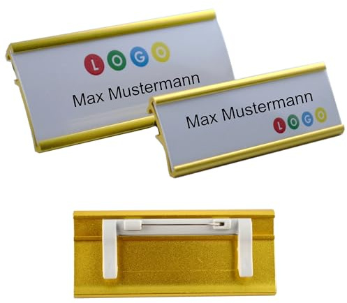 Schmalz® 10 Stück Aluminium Namensschilder goldfarbig eloxiert aus Metall, Nadel/Clipbefestigung, Name Badge, Namensschild für Kleidung, selbstbeschriftbar (72 x 32 mm)