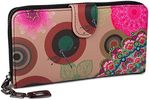 styleBREAKER Damen Geldbörse mit Buntem Blumen Blüten Mandala Muster, Ethno Style, Reißverschluss, Portemonnaie 02040040, Farbe:Beige-Braun-Dunkelbraun-Pink