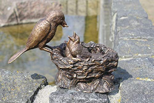 Unbekannt Bronzefigur stehendes Vogelnest Mutter und Jungtiere Gartendeko Skulptur - 20x15x10