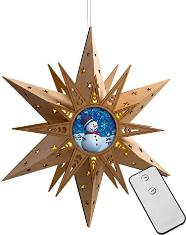 Bonetti LED Weihnachtsstern aus Holz zum hängen mit 12 LEDs, ca. Ø 30 cm, mit Schneemann Motiv