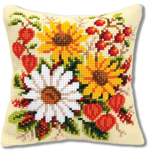 VERVACO Kreuzstich Stickpackungen Kissen Stickerei Set Anfänger Vorgedruckt Blütenpracht DIY Set Kreativ Set Für Erwachsene Dekoratives Kissen ca. 40 x 40 cm Bastelset Handwerker Haus Dekoration