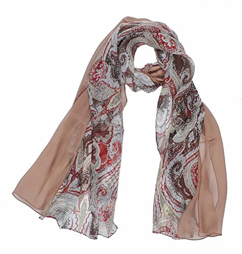 Avenella by Nella-Mode Grosser XXL-SEIDENSCHAL (ca. 200 x 80 cm) aus feiner transparenter Seide mit elegantem Paisley Design: uni hellbraun und Paisley-Design kombiniert; Schal aus 100% Seide