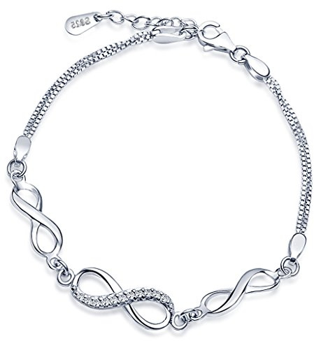 Yumilok Bracciale da donna con maglie e simbolo dell'infinito, in argento Sterling 925 e zirconi, bracciale con ciondolo a catena doppia, regolabile da 16,50 a 19 cm