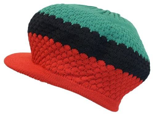 SSK Rasta Knit Tam Hat Dreadlock Cap (Large Round Red/Black/Green w/Brim)