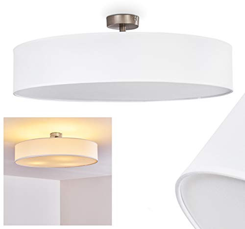 HOFSTEIN Deckenleuchte Foggia, runde Deckenlampe aus Metall/Stoff in Nickel-matt/Weiß, moderne Leuchte im Retro/Vintage-Design (Ø 60 cm), 3 x E27, Wohnzimmer, Esszimmer, Schlafzimmer, Küche