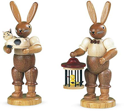 Müller Osterhase Hasenmann mit Katze, 11 cm hoch, Natur, original Erzgebirge Seiffen