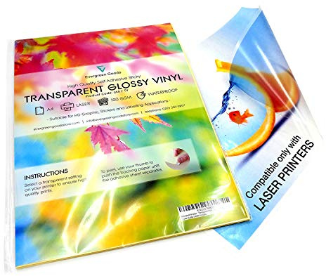 Vinyl-Aufkleber, wasserfest, A4, transparent, glänzend, selbstklebend, hochwertig, Laserdrucker, 10 Bögen
