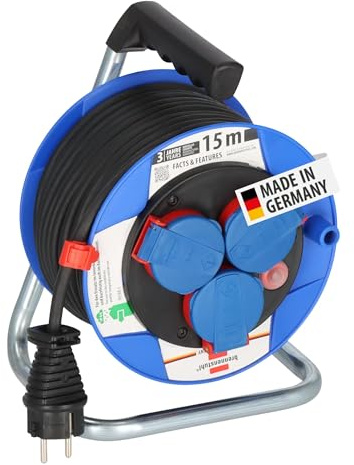 Brennenstuhl Garant Kompakt IP44 Kabeltrommel 15m | Aus Spezialkunststoff, für den kurzfristigen Einsatz im Außenbereich, Made in Germany, blau
