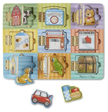 Melissa & Doug Wooden Hide & Seek Activity Board – Montessori Busy Board with Hinges, Doors & 9 Wooden Magnetic Puzzles, Educational Preschool Learning Toy for Toddlers & Kids Ages 3+
