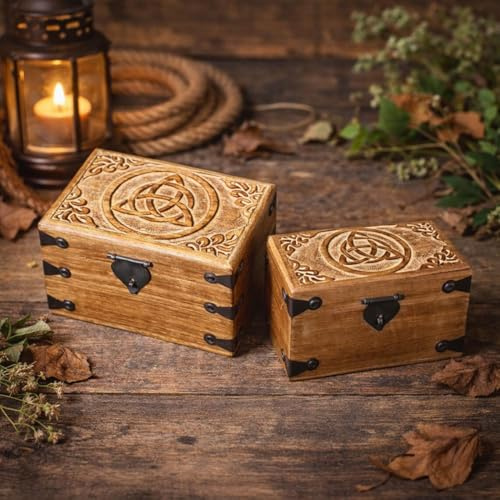Budawi® Holztruhe keltischer Dreiecksknoten | Mangoholz Holzkiste | Triqueta Motiv | handgefertigte Holzbox | Aufbewahrungsbox klein