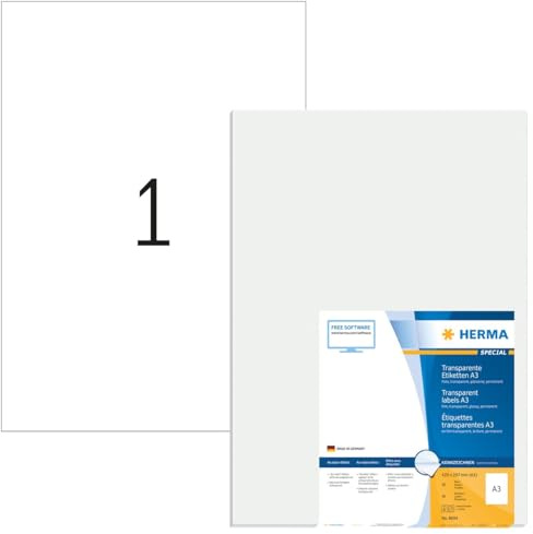 HERMA 8694 Wetterfeste Folienetiketten transparent, 50 Blatt, 297 x 420 mm, 1 pro A3 Bogen, 50 Stück, selbstklebend, bedruckbar, glänzend, blanko Klebeetiketten Aufkleber aus Folie, durchsichtig