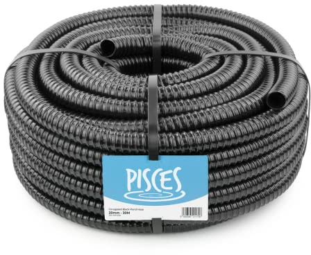 Pisces Flexible Pond Hose Pipe | 25mm (1 inch) x 30 Metre Roll | Corrugated Black Tubing for Filter Pumps and UVC Systems