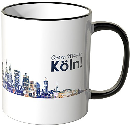 WANDKINGS® Tasse, Schriftzug Guten Morgen Köln! mit Skyline bei Nacht - SCHWARZ