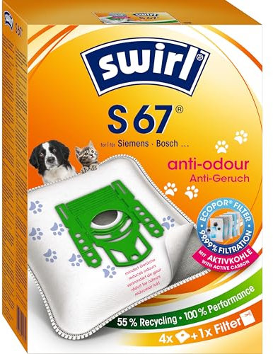 Swirl S 67 EcoPor Anti-Geruch Staubsaugerbeutel (4 Beutel), reißfeste Staubbeutel für einige Siemens & Bosch Staubsauger, mit Geruchsfilter, 99,9 % Filterung von Hausstaub & allergenem Feinstaub