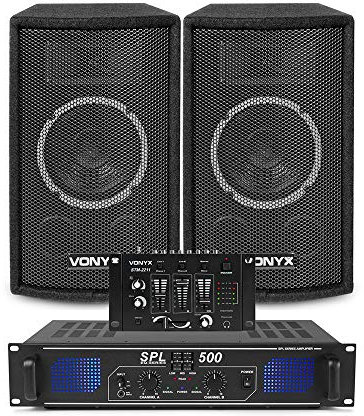 Vonyx SL6 PA Speaker System with 6-Inch Passive DJ Speakers Pair, Skytec SPL500 Amplifier & STM-2211 Mixer - Full Home Karaoke & Disco Party Setup 500W