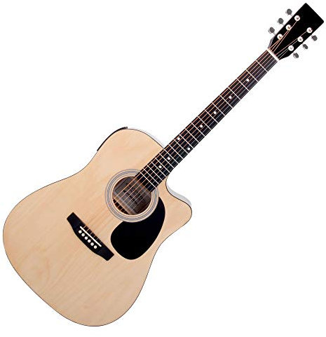 Classic Cantabile WS-10NAT-CE Westerngitarre mit Tonabnehmer (Akustik und verstärkt, Dreadnought, Cutaway, 3-Band EQ + Presence, Stimmgerät Tuner mit LCD, XLR und Klinke) natur Hochglanz