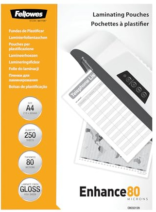 Fellowes Laminierfolien A4, 80 Mikron (2 x 80 mic), glänzend, Value Pack mit 250 Stück