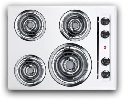 Summit 24 4 Burner Electric Cooktop. 230 Volt Coil Electric Cooktop, White- WEL03
