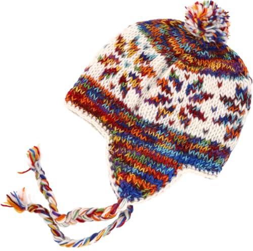GURU SHOP Wollmütze mit Ohrenklappen, Norwegermütze, warm | Fleecefutter, ideal für kalte Tage, Unisex, aus Nepal, geflochtene Zöpfe