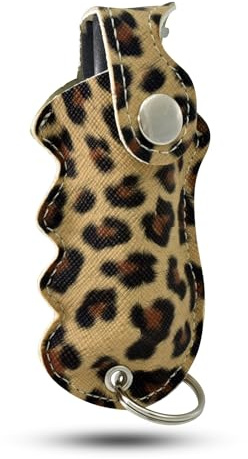 Pepper Defense 1/2 oz. Pepper Spray with Grip Holster and Keychain Attachment - Safety Twist Lock Glow Trigger - Maximum Strength 10% OC Formula - Self Defense Personal Protection (Leopard 1-Pack)