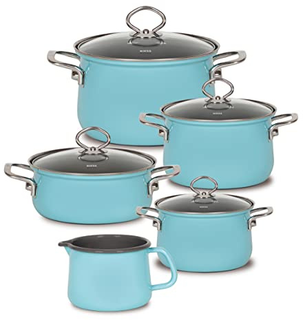 Riess, 0546-037, Emaille Topf Sparset 5tlg. NOUVELLE, KRISTALLBLAU, Emaille, Vol. (rec.): 10,0 Liter, Made in Österreich, LBH: 48,5x39,0x28,5cm, 7,380kg, Induktionskocher kompatibel, Ofenfest