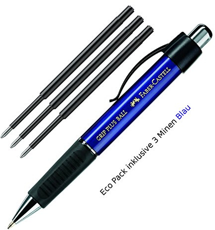 Faber-Castell - Kugelschreiber GRIP PLUS BALL Metallic, Mine: M, inklusive 3 Ersatzminen (Metallic Blau, + 3 Minen Blau)